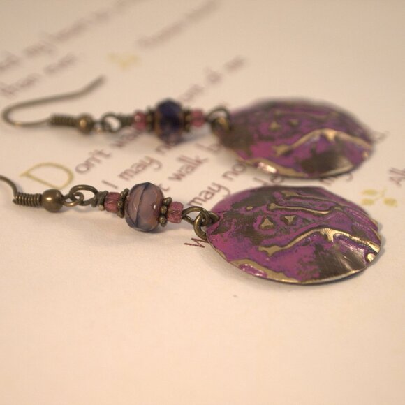 Brass Hand Embossed Earrings Purple Czech Glass Earrings Patina Brass Earrings - Picture 6 of 7